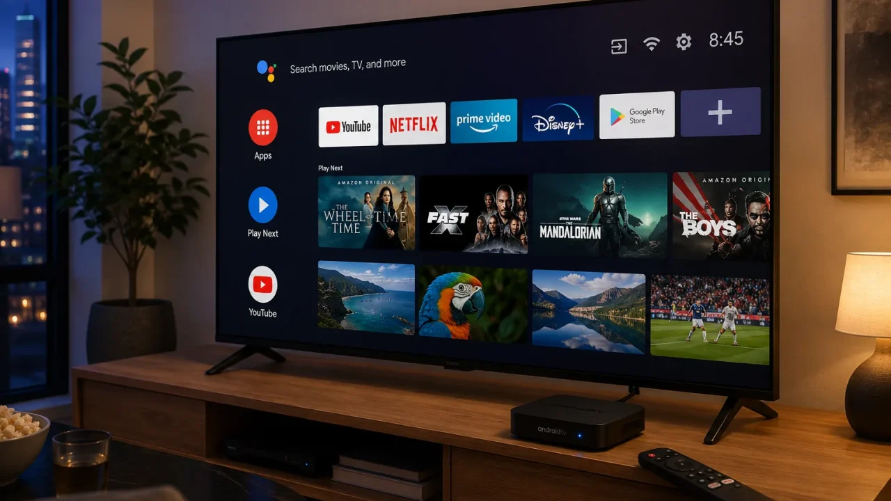 Box Android TV connectée à un téléviseur affichant l'écran d'accueil