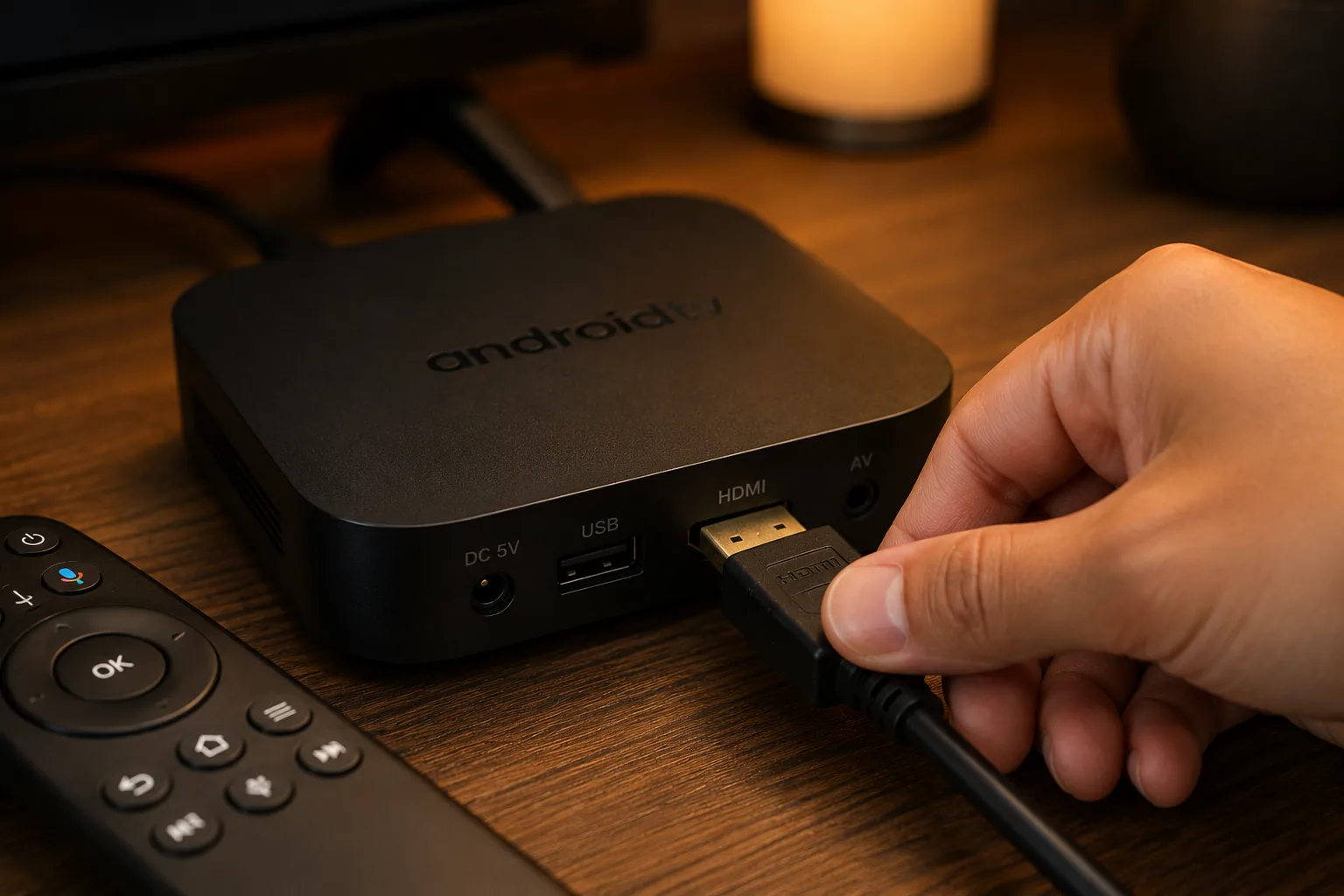 Installation d'un câble HDMI sur une box Android TV en gros plan