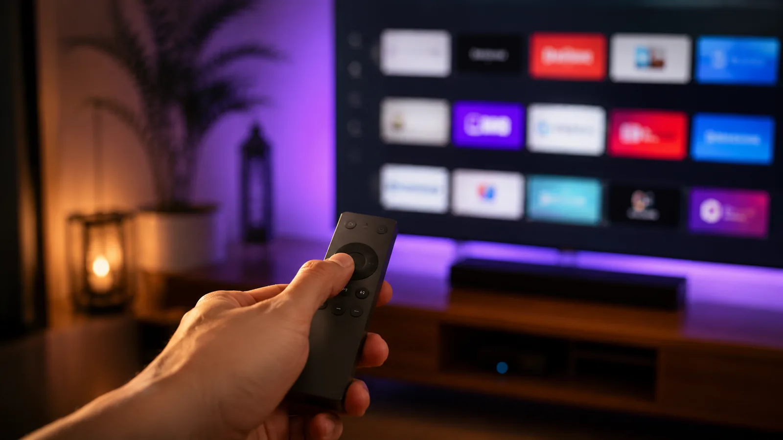 Télécommande de streaming pointée vers un téléviseur affichant une grille d'applications