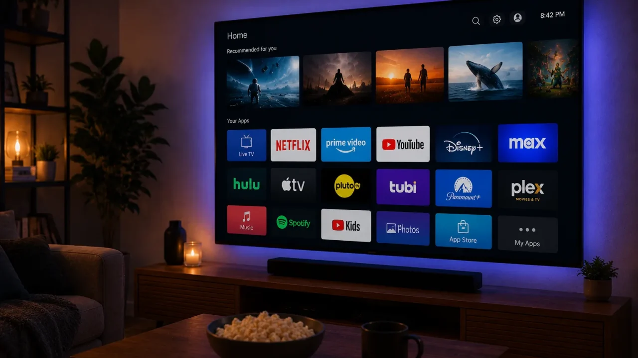 Écran d'accueil d'une Smart TV avec une grille d'applications IPTV