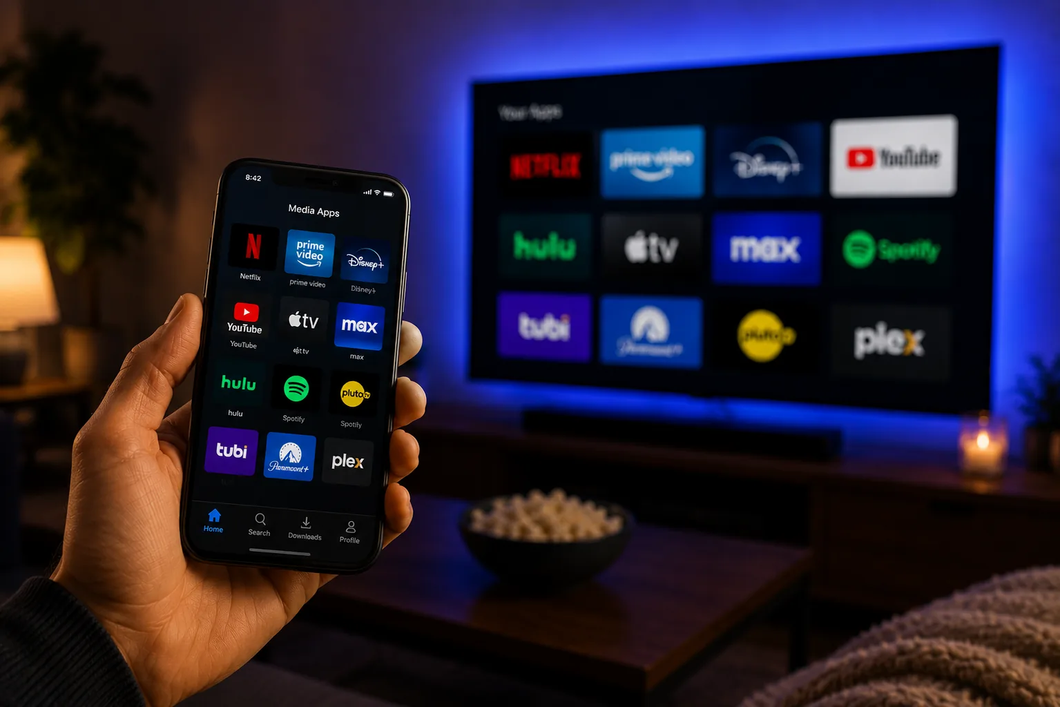 Applications IPTV sur smartphone devant un téléviseur