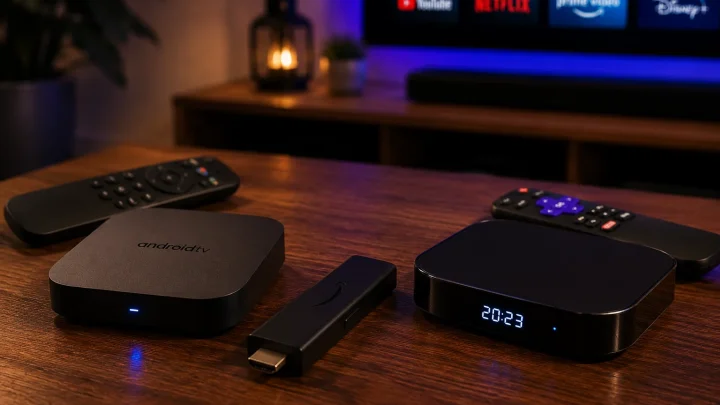 Différents boîtiers et clés IPTV posés sur une table en bois