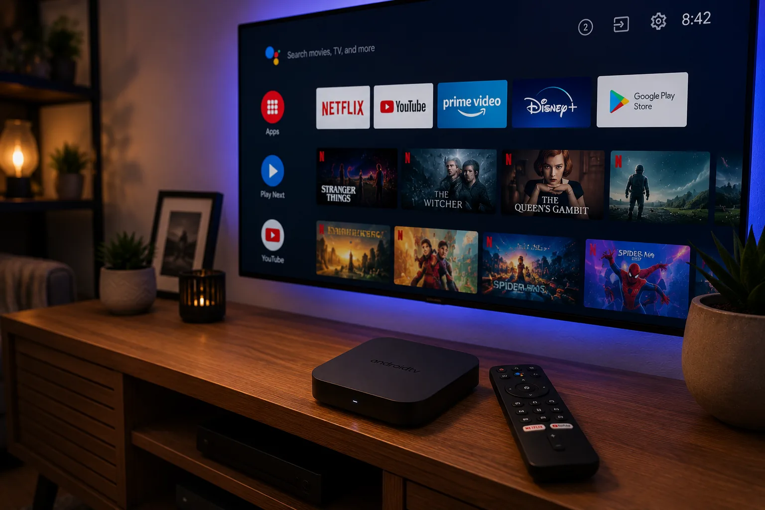 Box Android TV avec sa télécommande à côté d'un téléviseur