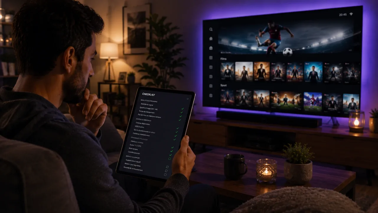 Vérification des critères d'un abonnement IPTV sur une tablette devant la télévision