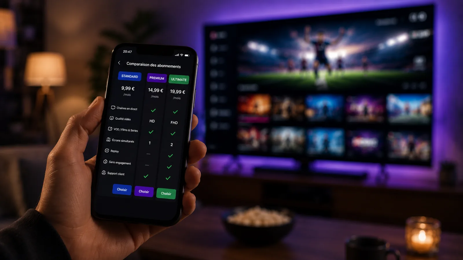 Comparaison d'abonnements IPTV sur smartphone avant l'achat