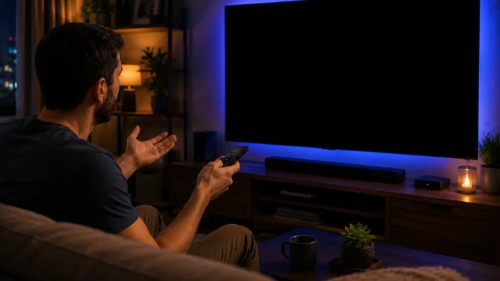 Personne face à un téléviseur noir quand l'IPTV ne fonctionne pas