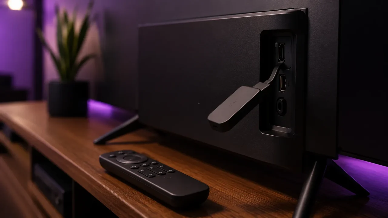 Clé HDMI IPTV branchée à l'arrière d'un téléviseur avec sa télécommande