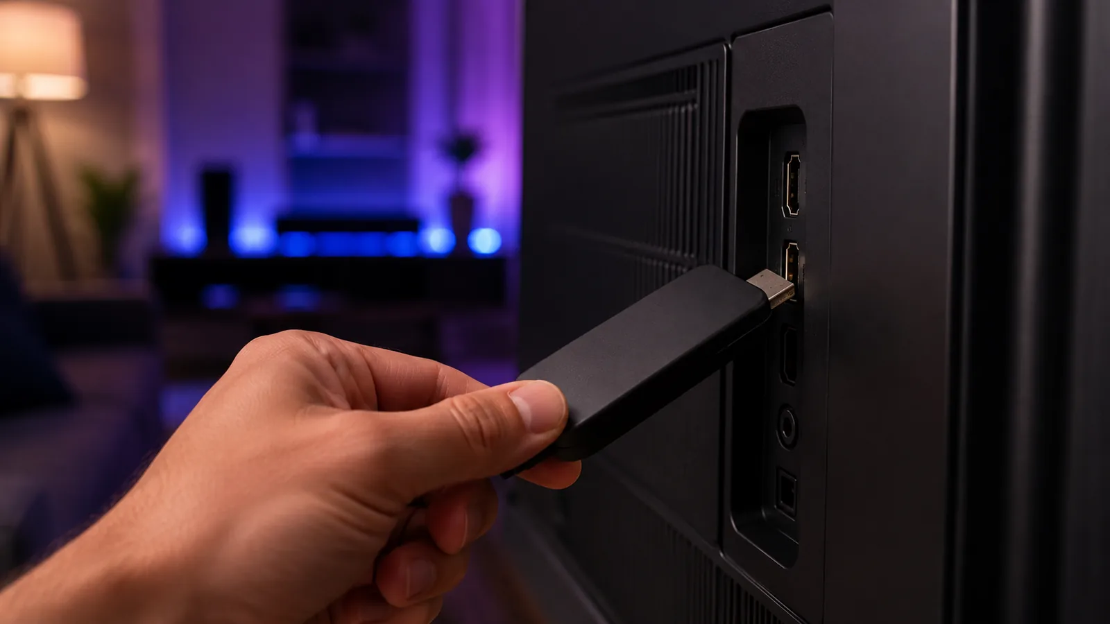Main insérant une clé HDMI IPTV dans le port d'un téléviseur
