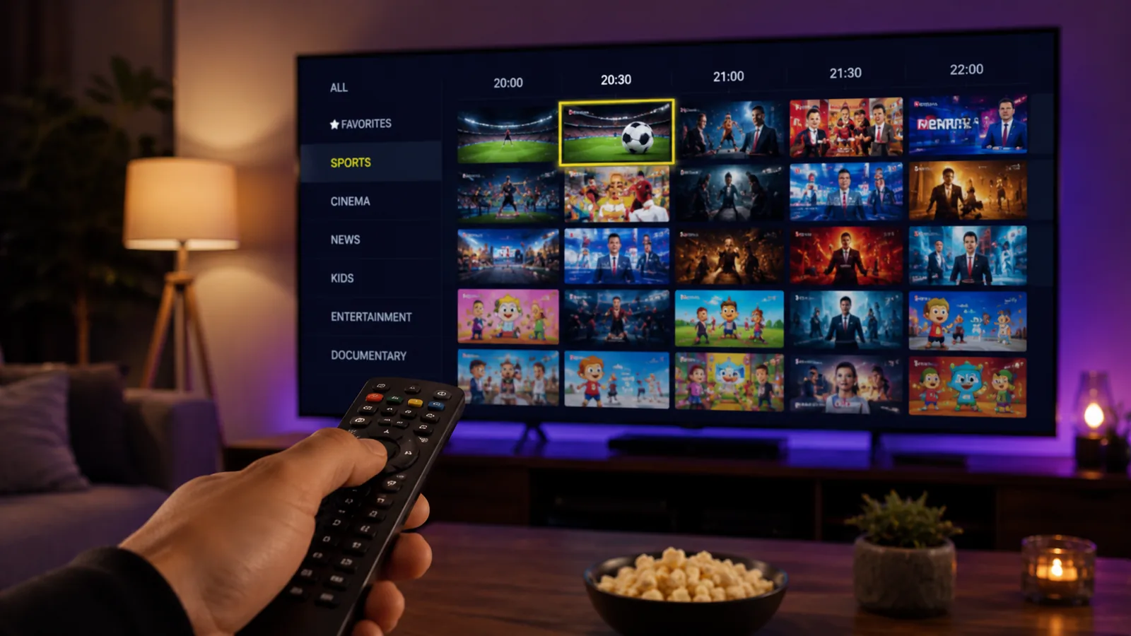 Chaînes françaises IPTV en grille sur un téléviseur, télécommande en main
