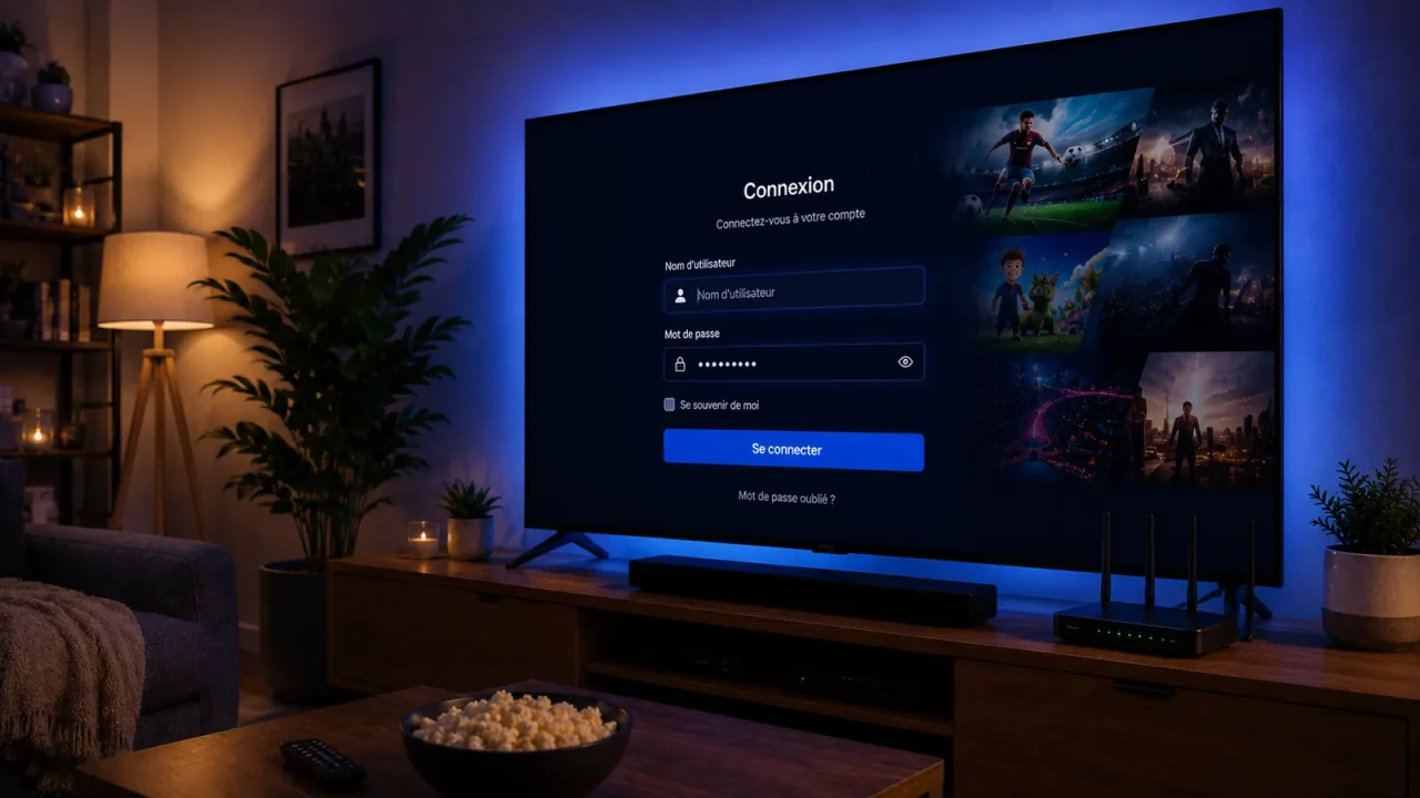 Écran de connexion IPTV avec identifiant et mot de passe sur un téléviseur