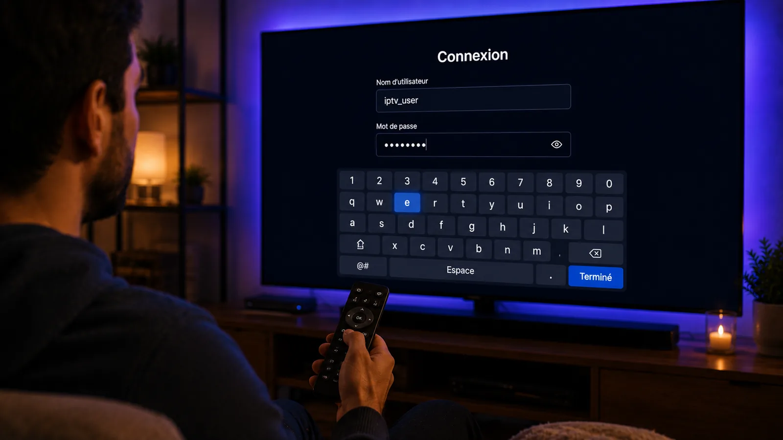 Saisie des identifiants IPTV sur un téléviseur avec la télécommande