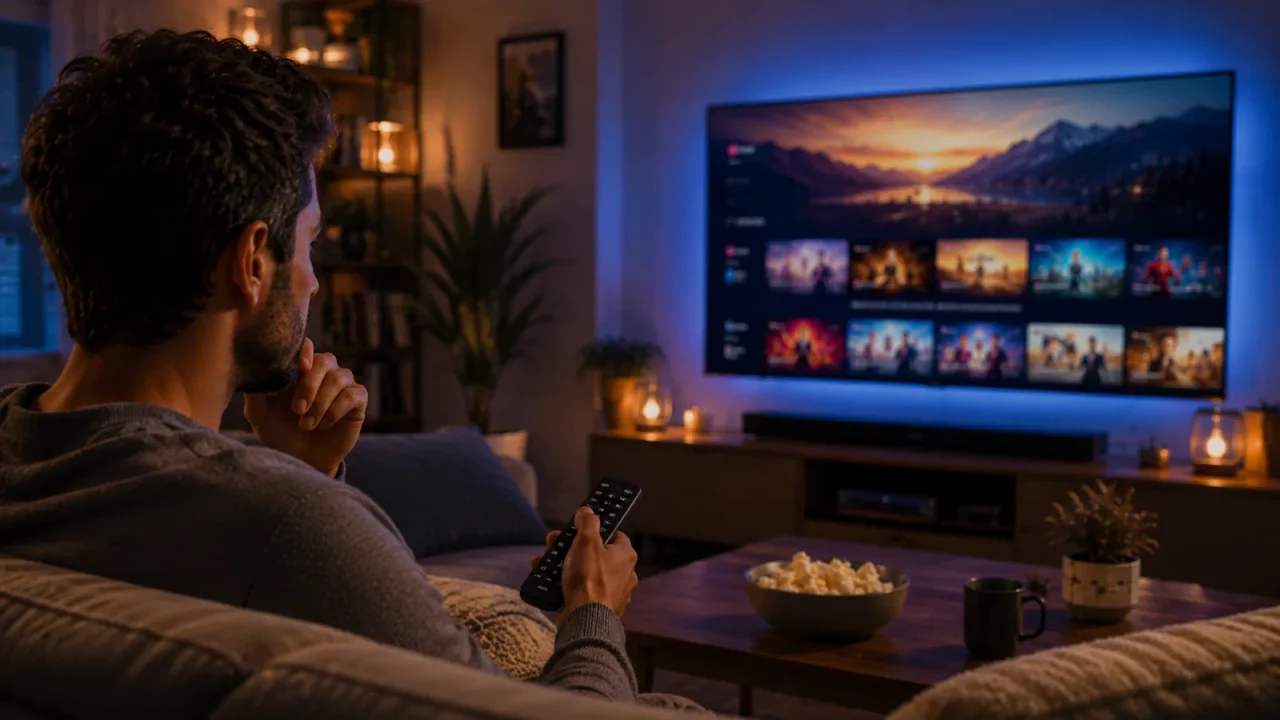 Personne découvrant l'IPTV sur son téléviseur dans un salon moderne