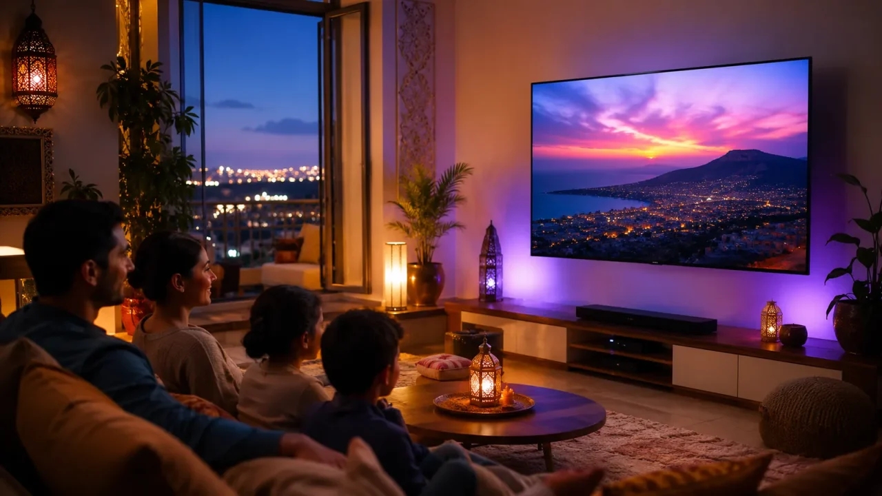 Famille regardant les chaînes marocaines en IPTV sur un grand téléviseur, salon décoré à la marocaine