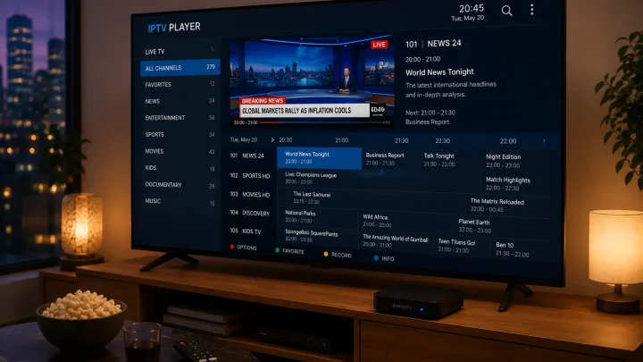 Interface d'un lecteur IPTV avec liste des chaînes et guide des programmes sur un téléviseur