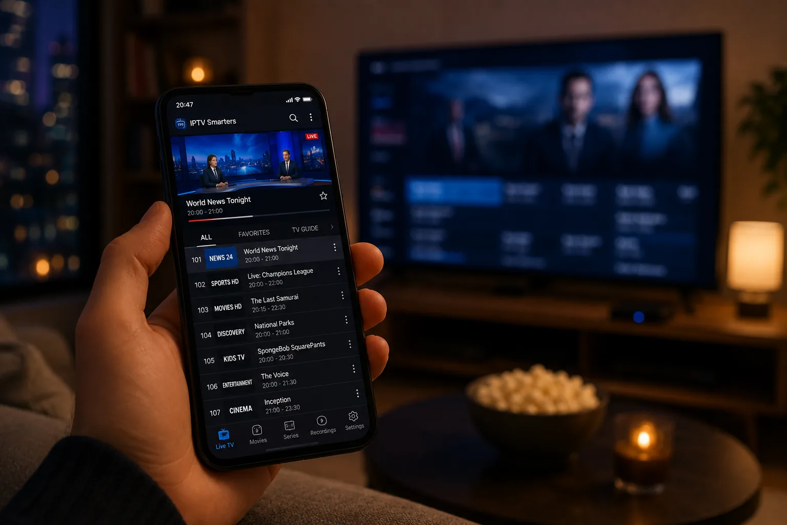 Application lecteur IPTV avec guide des programmes sur un smartphone