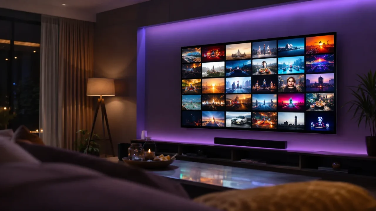 Installation de l'IPTV sur une Smart TV dans un salon moderne le soir