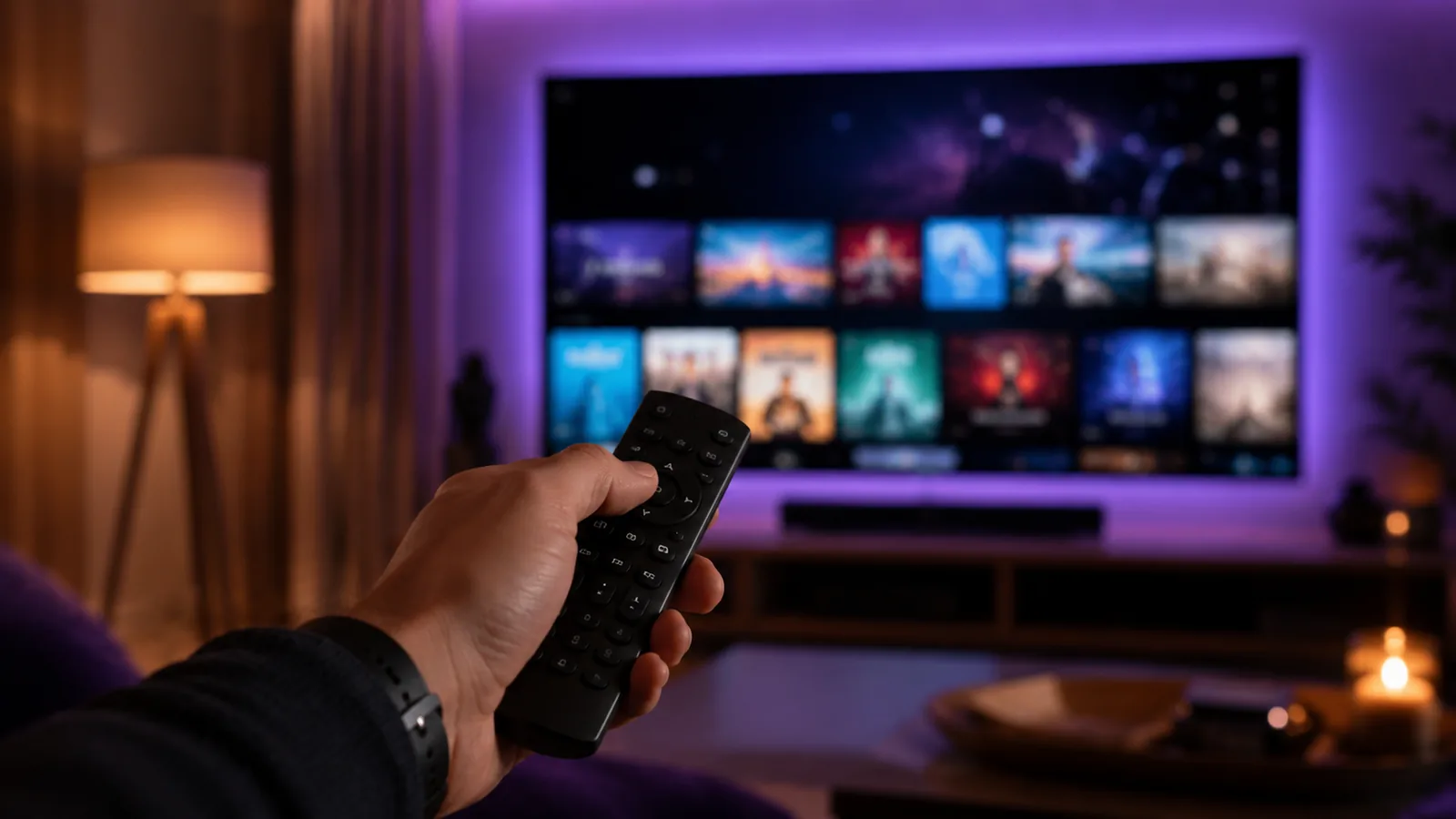 Télécommande pointée vers une Smart TV affichant le menu d'applications IPTV