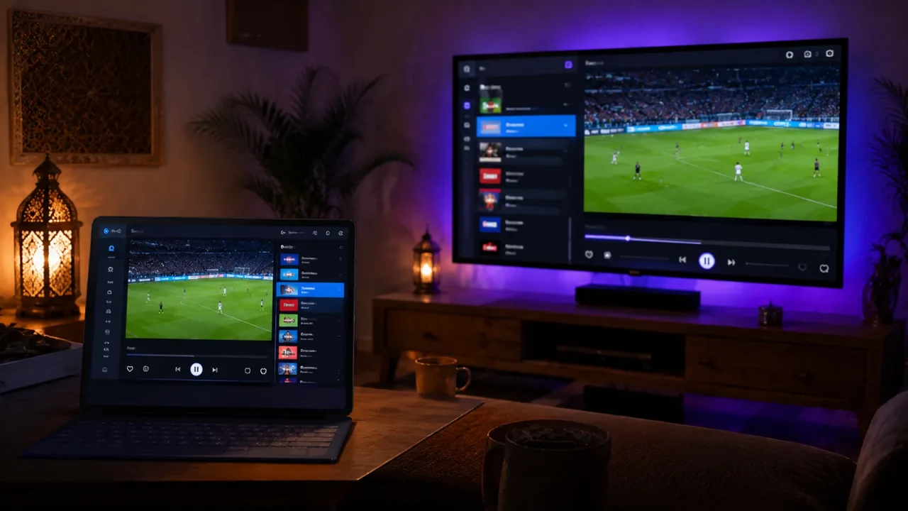 Application lecteur IPTV avec liste des chaînes et guide des programmes sur tablette et téléviseur