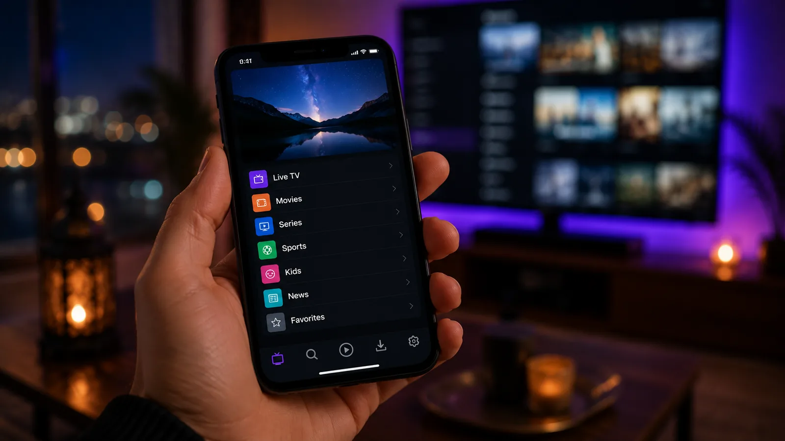 Application lecteur IPTV avec catégories de chaînes sur un smartphone