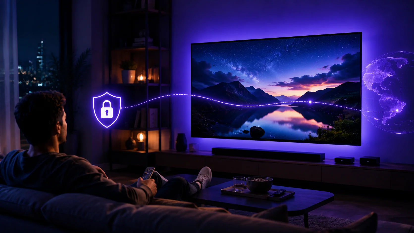 Personne regardant IPTV sur Smart TV avec une connexion VPN sécurisée