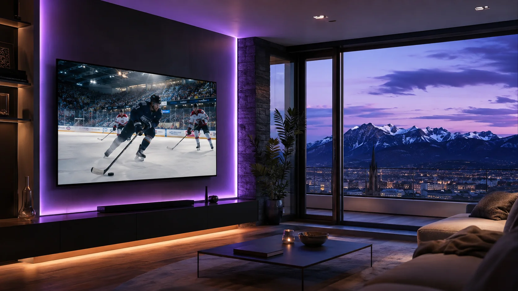 Match de hockey sur glace en IPTV dans un appartement suisse avec vue sur les montagnes