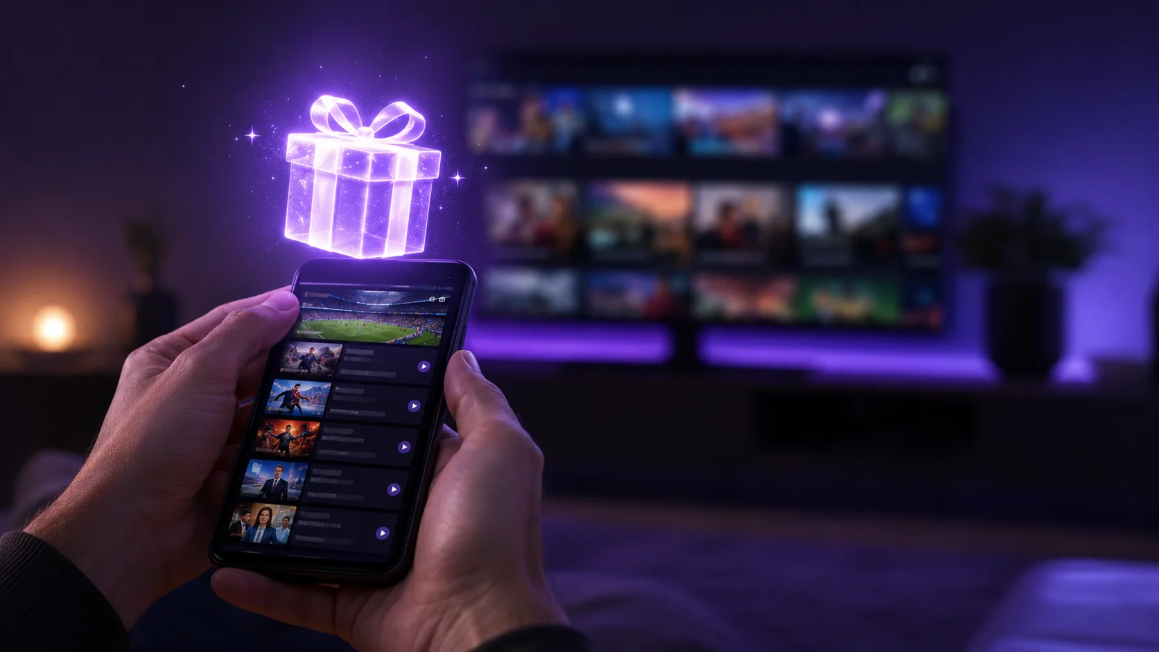 Application IPTV sur smartphone avec un cadeau symbolisant l’essai gratuit devant une TV