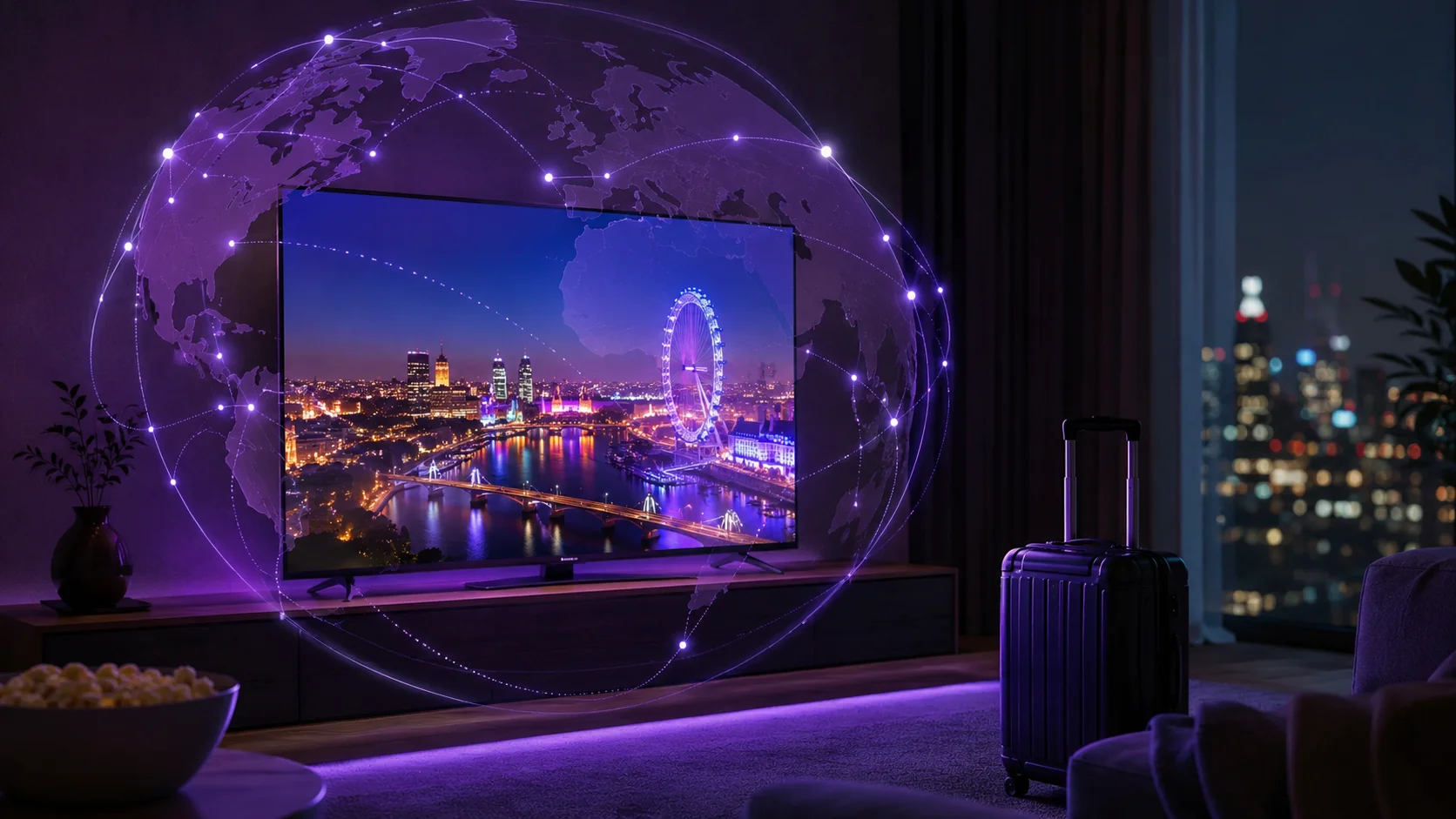 TV diffusant la télévision française entourée d’un globe connecté et d’une valise, accès mondial
