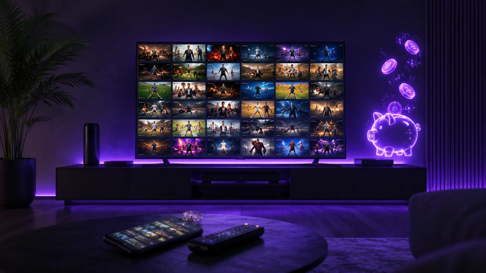Smart TV avec de nombreuses chaînes et une tirelire symbolisant les économies réalisées avec l’IPTV