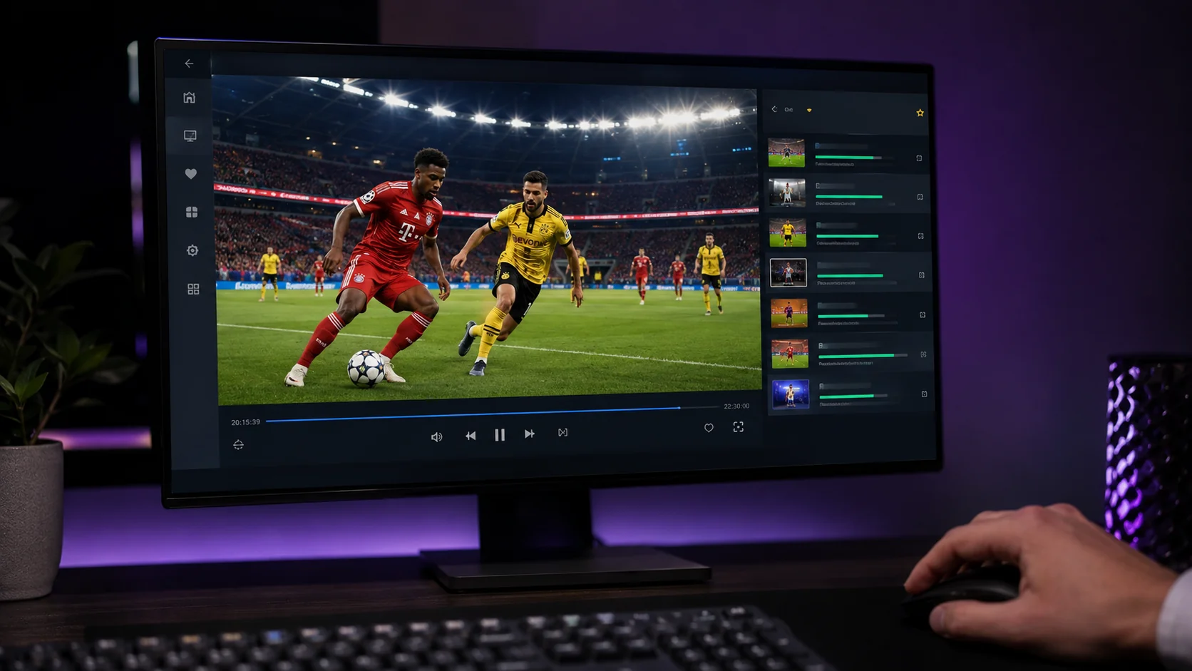 Match de football en IPTV sur ecran de PC avec la liste des chaines