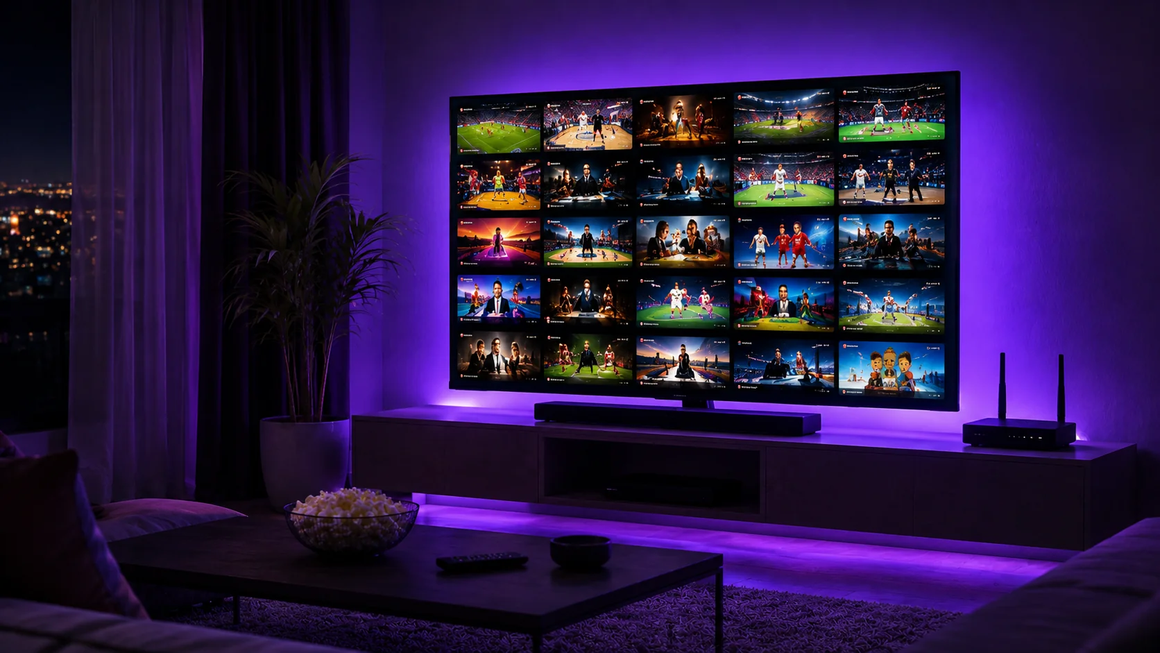 Salon avec grande Smart TV et box internet, comparaison des chaines IPTV