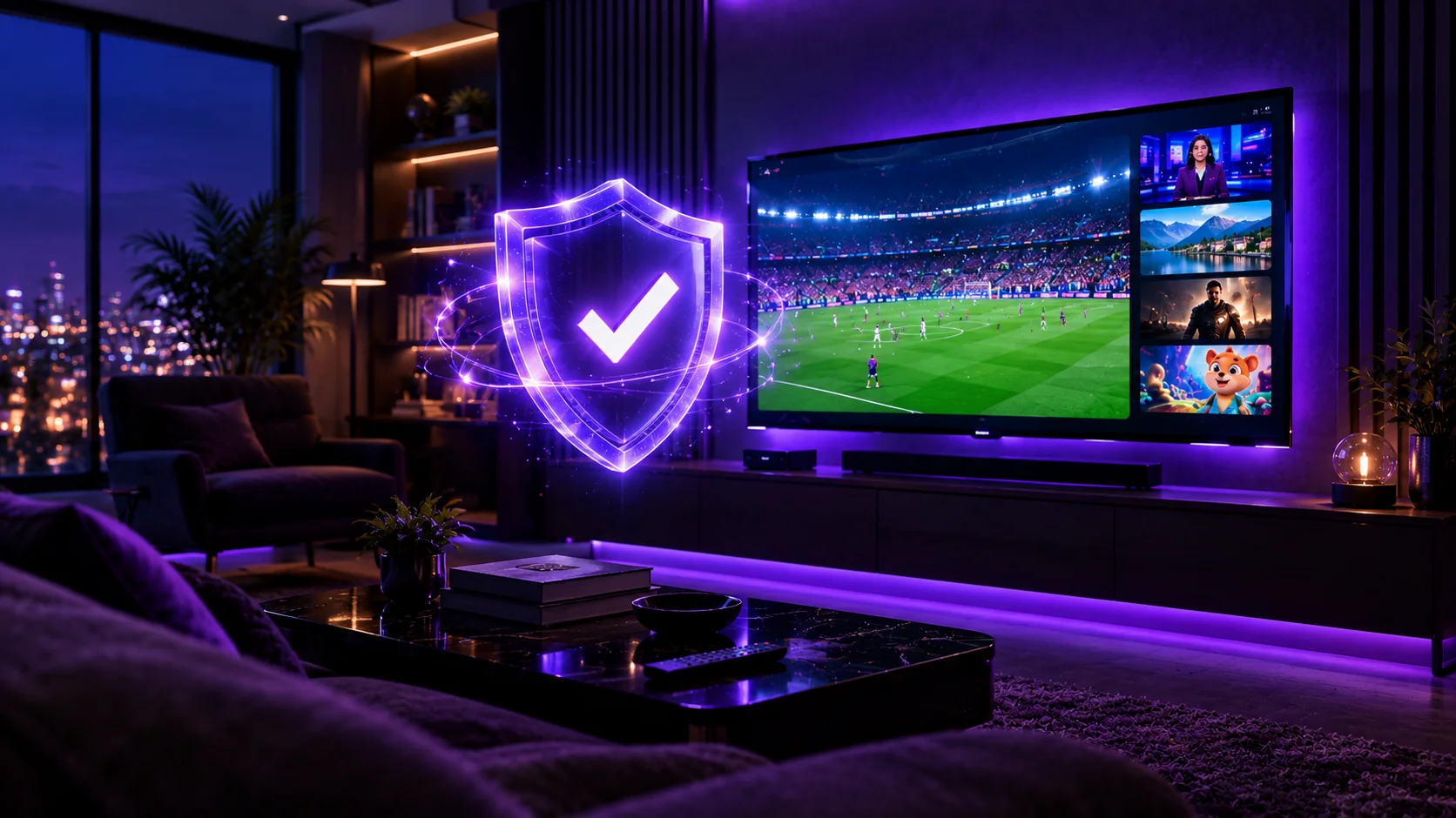 IPTV legale : bouclier de securite devant une Smart TV diffusant la television