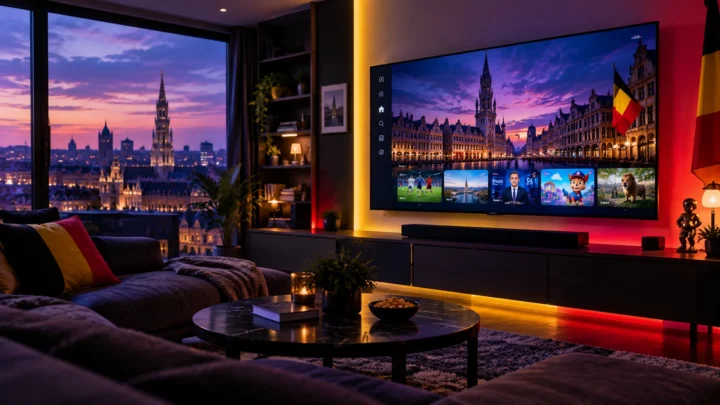 Salon moderne avec television et couleurs du drapeau belge en ambiance