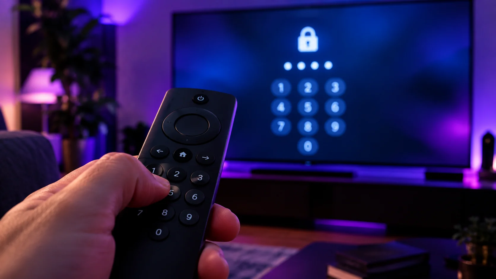 Main saisissant un code PIN sur une telecommande devant une TV verrouillee