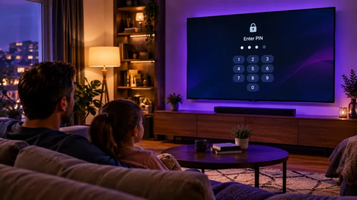 Parent et enfant devant une TV affichant un ecran de code PIN de controle parental