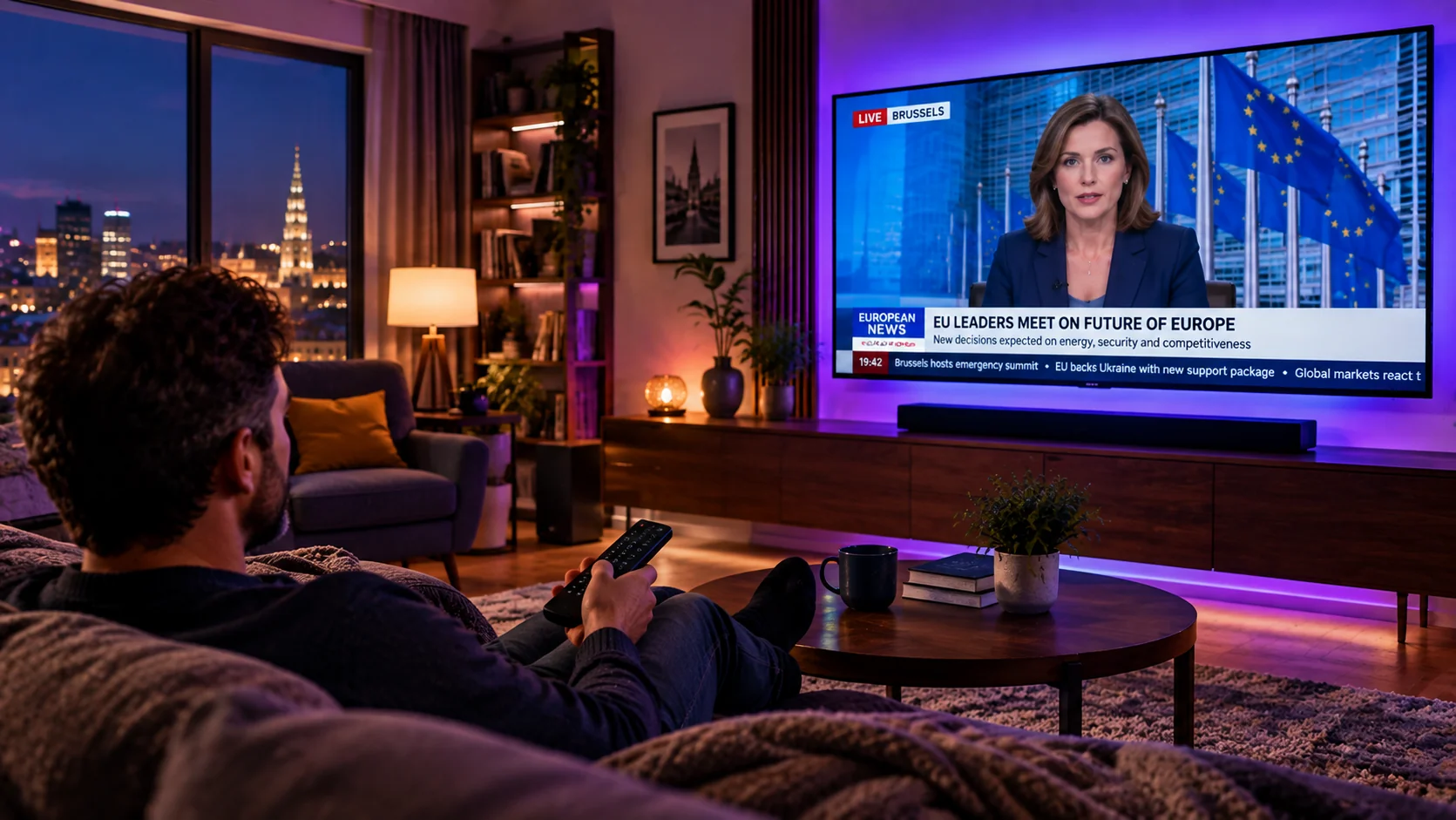 Personne sur un canape regardant une chaine d information sur sa television