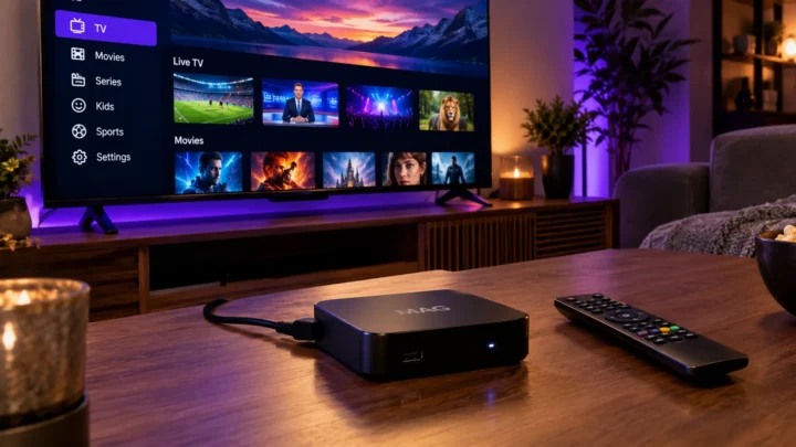 Decodeur MAG IPTV connecte a une television dans un salon
