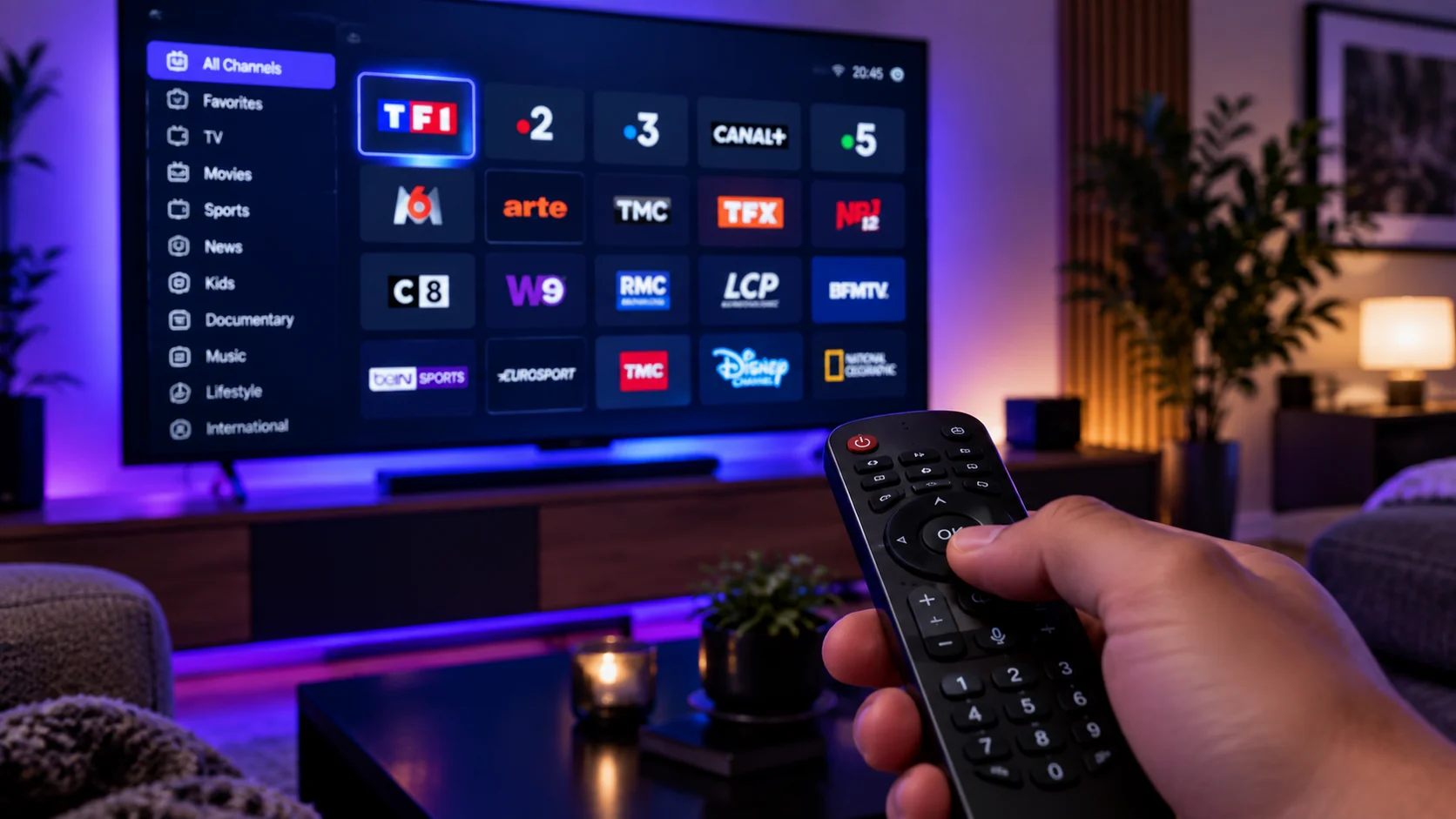 Telecommande pointee vers une TV affichant une grille de chaines IPTV