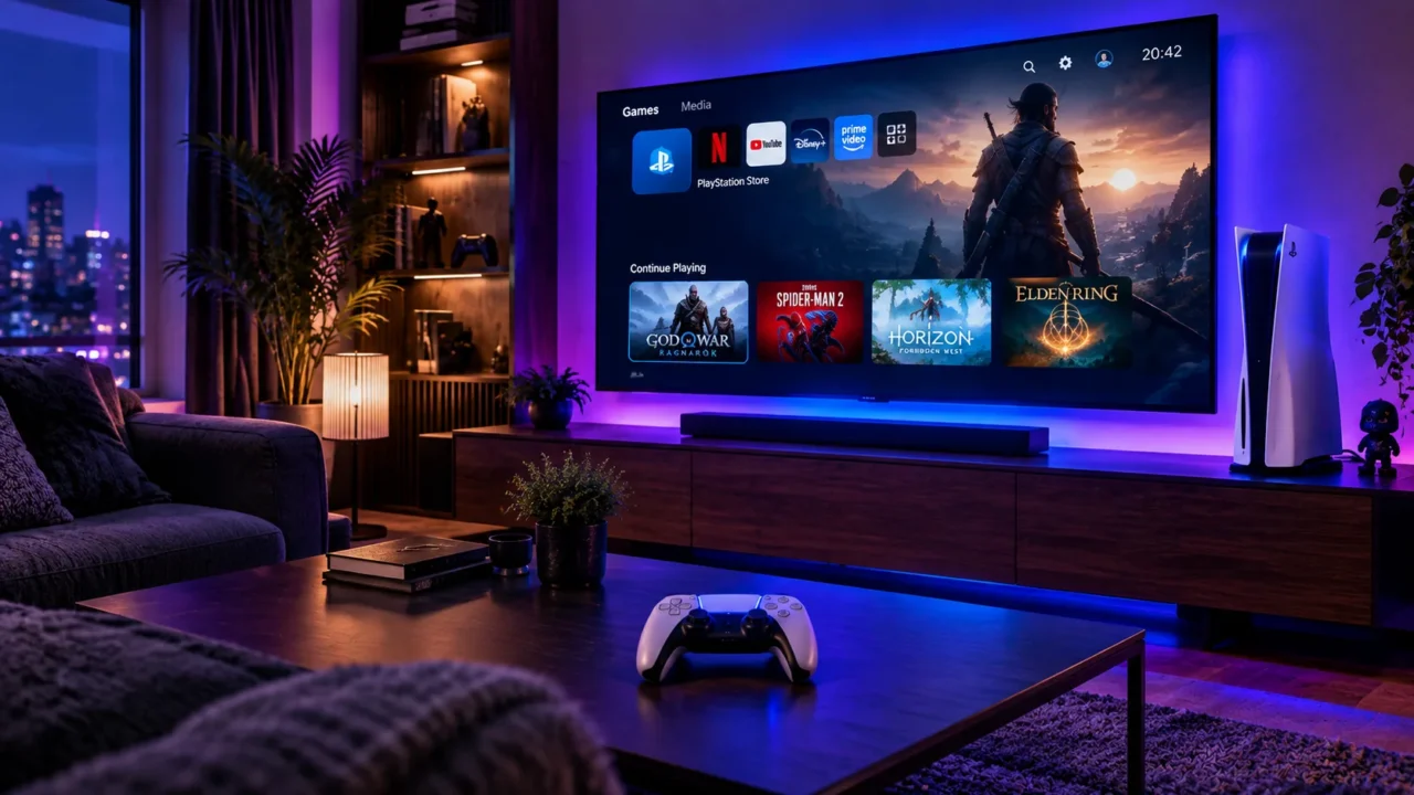 Console de jeu PS5 a cote d une television dans un salon moderne