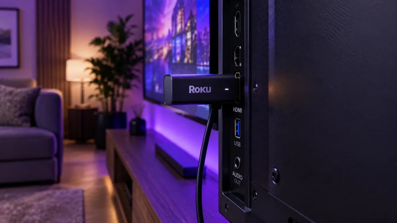 Cle de streaming Roku branchee en HDMI derriere une television