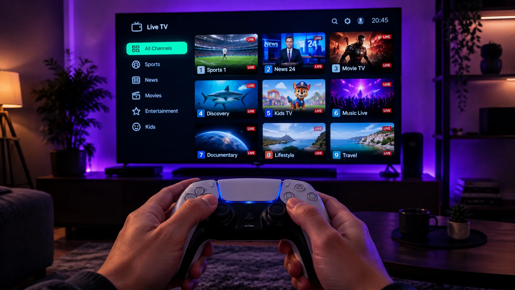 Manette de console tenue devant une TV affichant une grille de chaines en direct