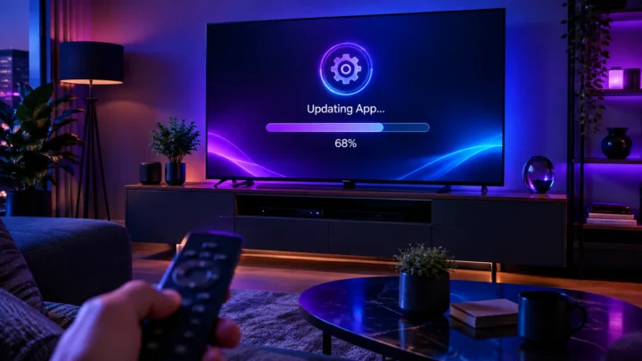 Ecran TV affichant une mise a jour d application IPTV en cours